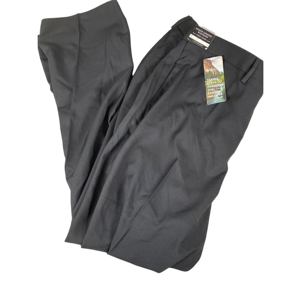 Haggar Mens Black Hidden Comfort Waistband Classic Fit Dress Pants New 42w 32 L